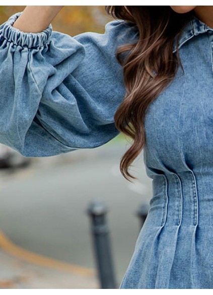 Solid color waistband long sleeved denim skirt