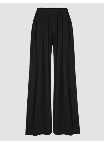 Solid Elastic Waist Wide Leg Pants