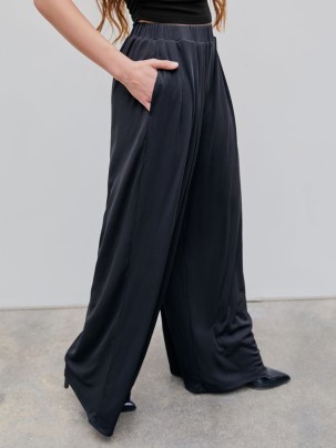 Solid Elastic Waist Wide Leg Pants