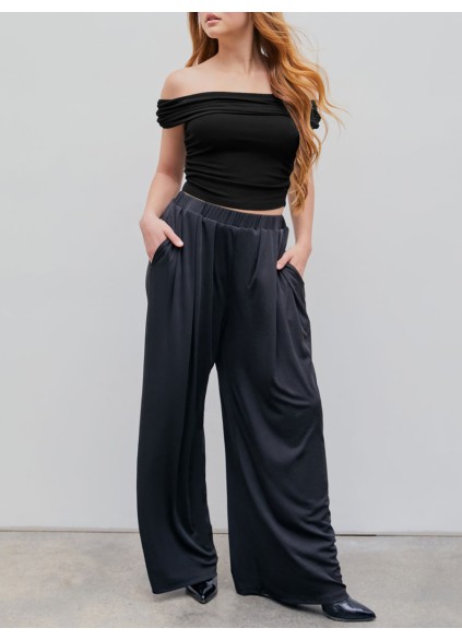 Solid Elastic Waist Wide Leg Pants