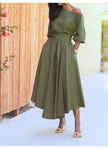 Solid Tie Pocket Long Sleeve Dress