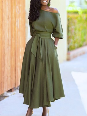 Solid Tie Pocket Long Sleeve Dress