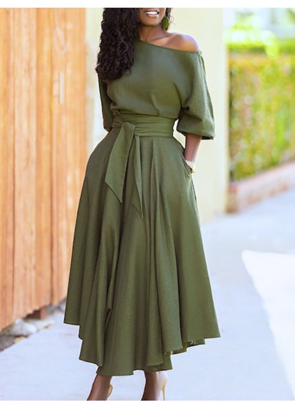 Solid Tie Pocket Long Sleeve Dress