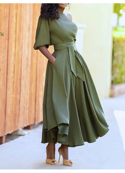 Solid Tie Pocket Long Sleeve Dress