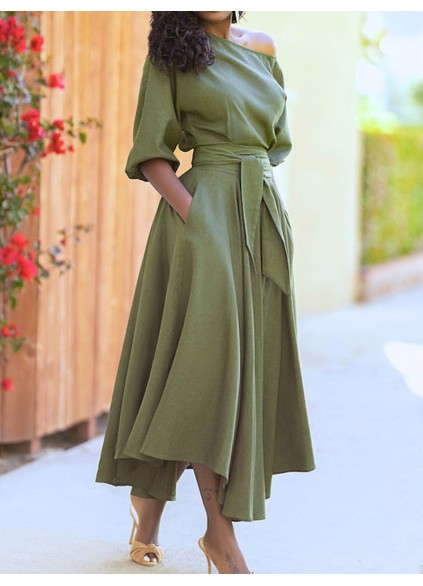 Solid Tie Pocket Long Sleeve Dress