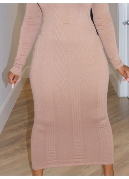 Solid V-neck knitted jacquard long dress