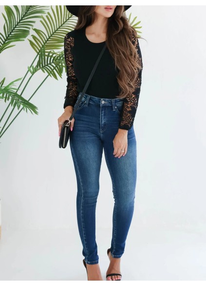 Women's lace sleeve slim knit sweater