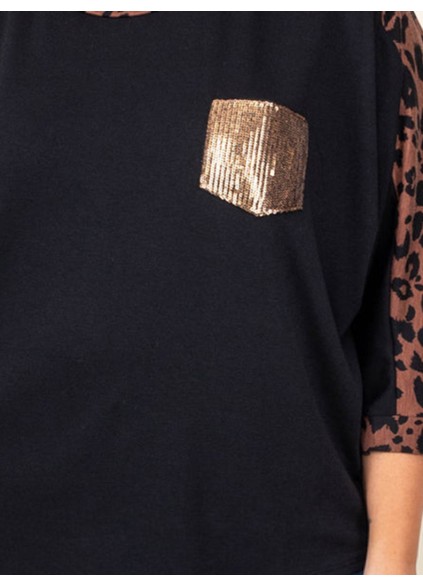 Spliced leopard patch pocket sequin T-shirt