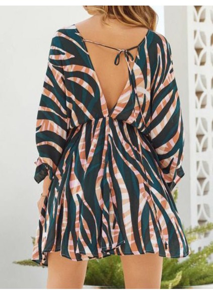 Stripe Print V-Neck Belted Long Sleeve Dress