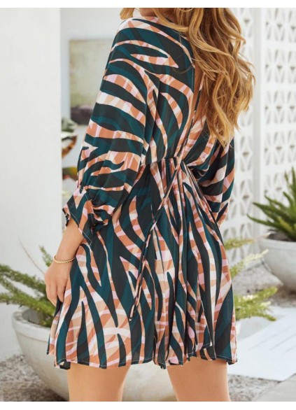 Stripe Print V-Neck Belted Long Sleeve Dress