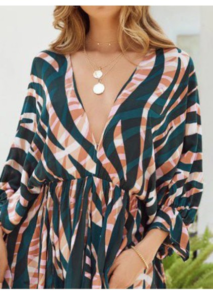 Stripe Print V-Neck Belted Long Sleeve Dress