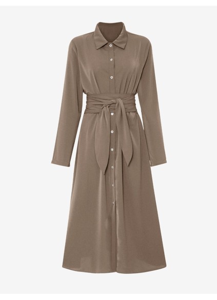 Tie Waist Long Sleeve Midi Shirt Dress