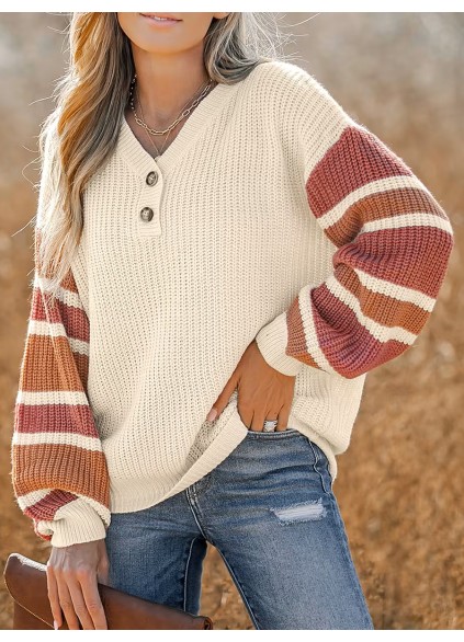 V-neck button-down striped sweater