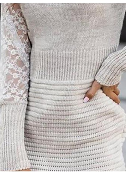 V-neck lace sleeve knit mini dress