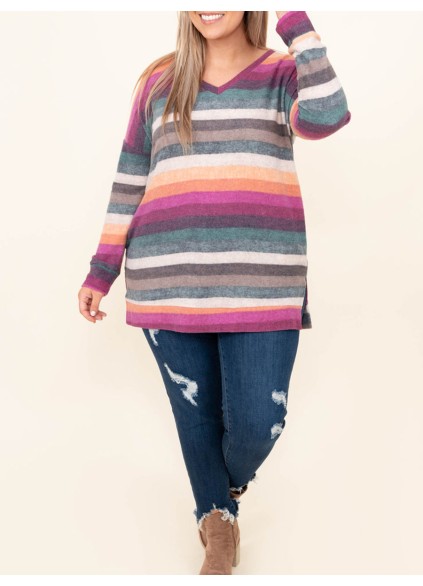 V-neck Rainbow Stripe T-shirt