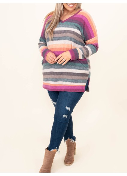 V-neck Rainbow Stripe T-shirt