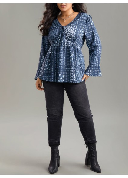 V-neck ruffled patchwork shirt