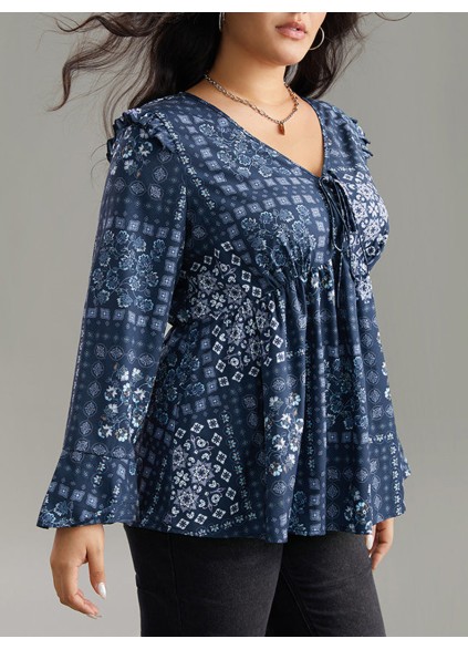 V-neck ruffled patchwork shirt