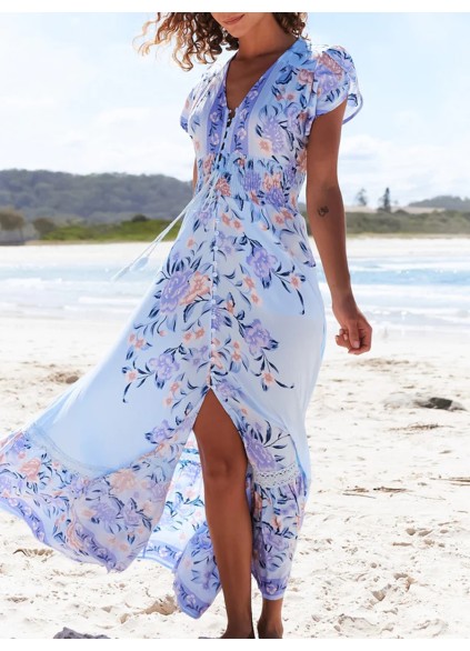 V-neck short sleeve Bohemian holiday floral slit dress