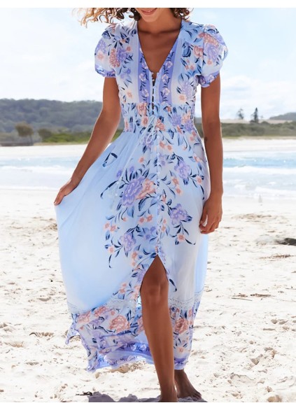 V-neck short sleeve Bohemian holiday floral slit dress