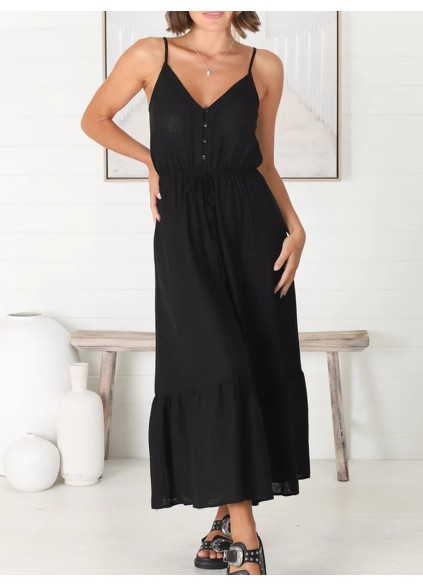 V-neck suspender button-element cotton and linen maxi dress