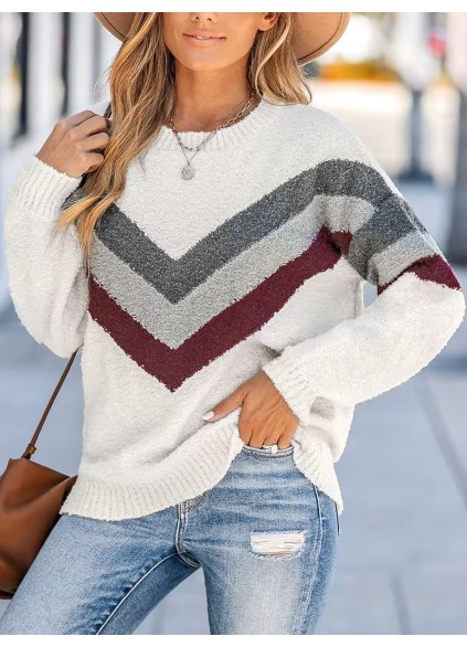 V-shaped crew neck striped plush sweater