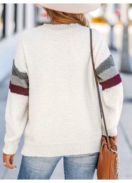 V-shaped crew neck striped plush sweater