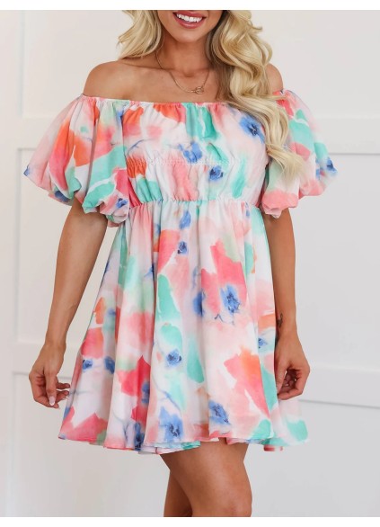 Watercolor pattern bubble sleeve dress