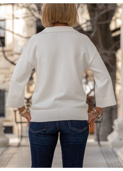 White 3/4 Sleeve V-Neck Sweater Top