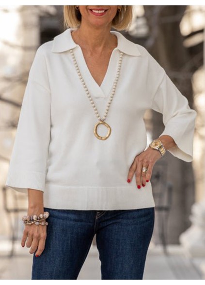 White 3/4 Sleeve V-Neck Sweater Top