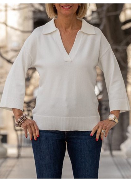 White 3/4 Sleeve V-Neck Sweater Top