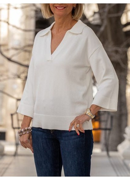 White 3/4 Sleeve V-Neck Sweater Top