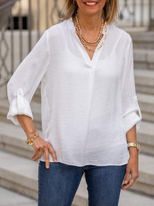 White Stand Collar Long Sleeve Blouse