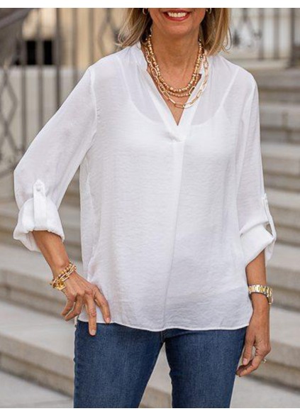 White Stand Collar Long Sleeve Blouse