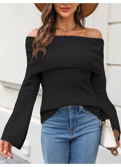 Women's black folded off-shoulder sweater