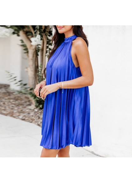 Women's blue elegant halter-neck pleated dress