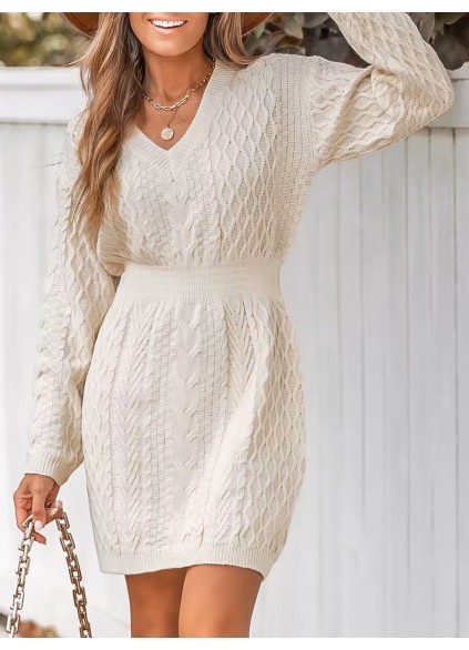 Women's Casual Cable Knit V-Neck Sweater Dress