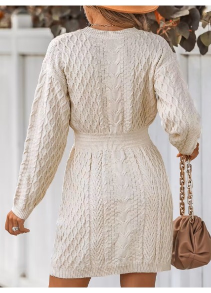 Women's Casual Cable Knit V-Neck Sweater Dress