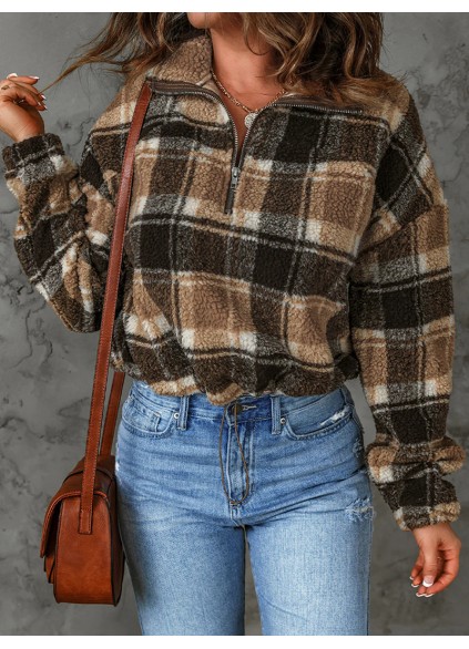 Women's casual plaid sherpa sweatshirt