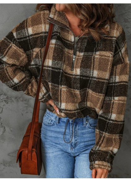 Women's casual plaid sherpa sweatshirt