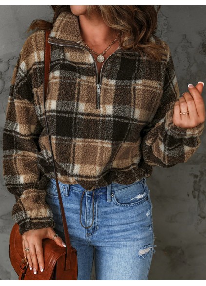 Women's casual plaid sherpa sweatshirt