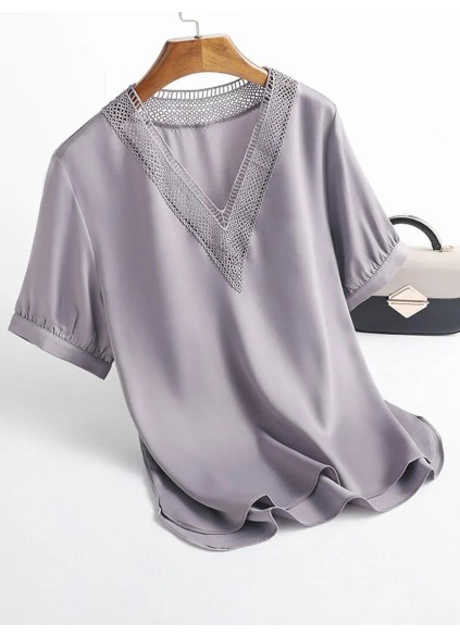 Women's elegant shirt with grey V-neck lace patchwork