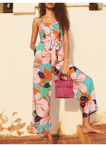 Women's floral-print holiday loose wide-leg jumpsuits