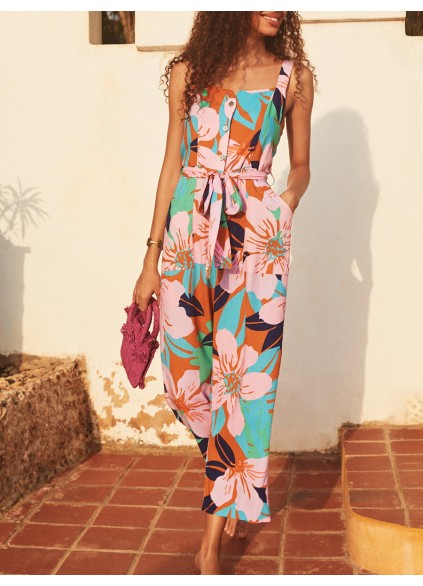 Women's floral-print holiday loose wide-leg jumpsuits