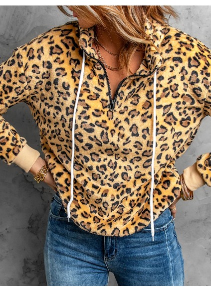 Women's leopard print drawstring long sleeve sweatshirt