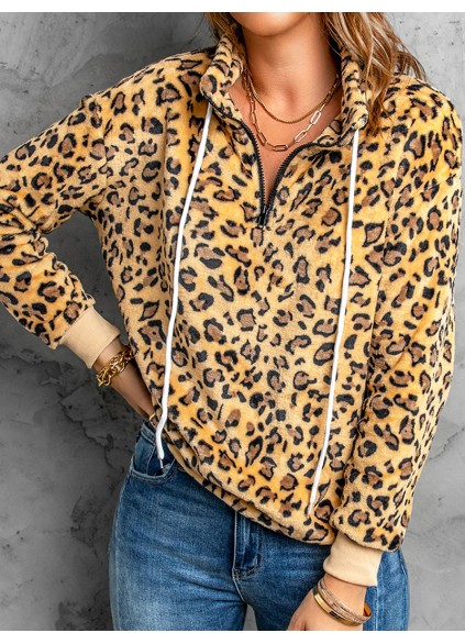 Women's leopard print drawstring long sleeve sweatshirt