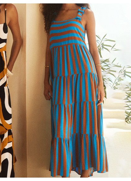 Women's printed holiday dress with straps and stripes