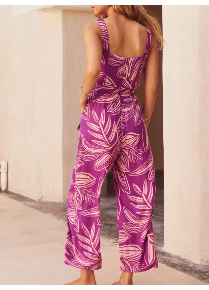 Women's purple floral print holiday loose wide-leg jumpsuits