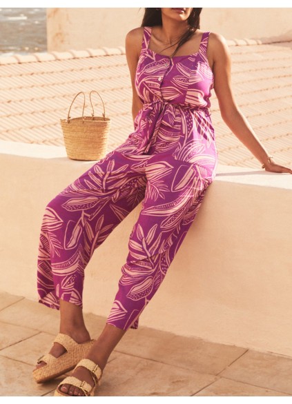 Women's purple floral print holiday loose wide-leg jumpsuits