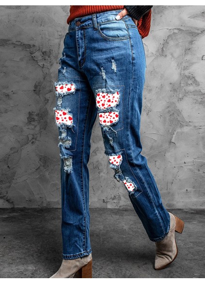 Women's Retro Distressed Heart Print Jeans